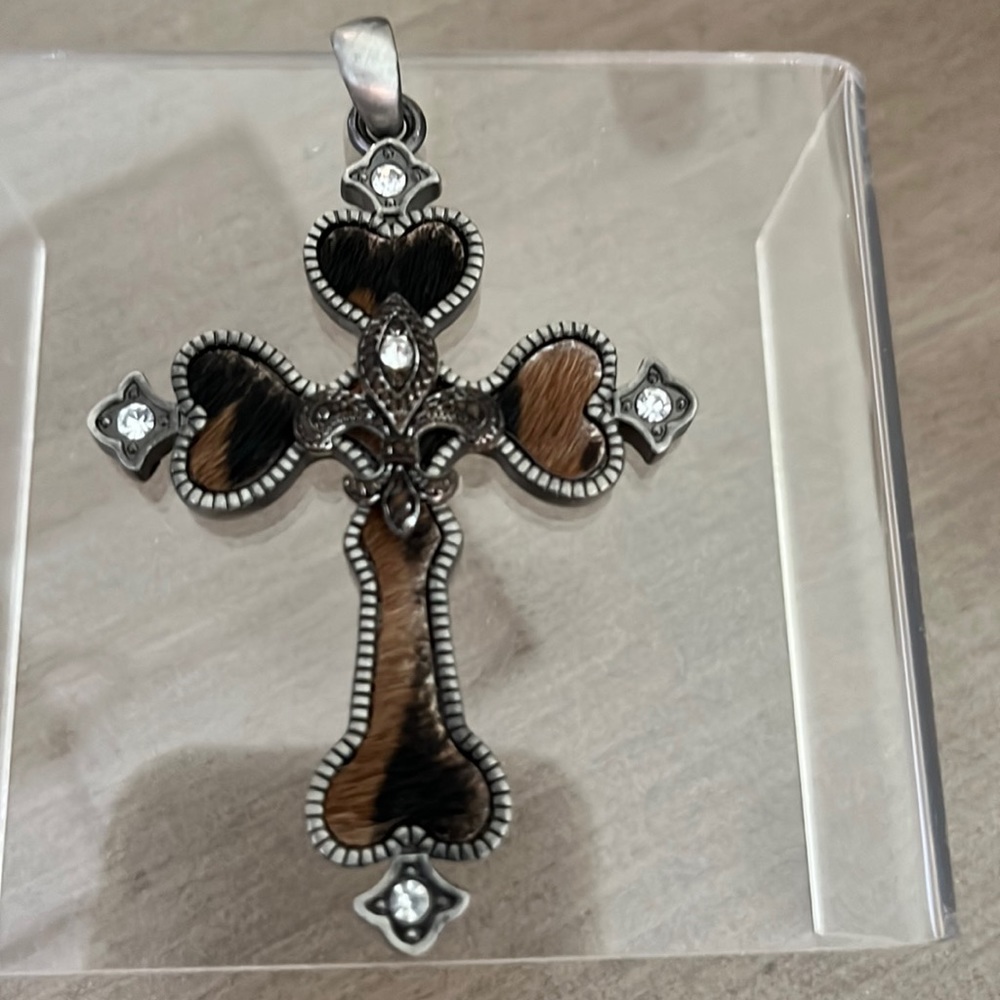 Cowhide Cross Pendant with Crystal details